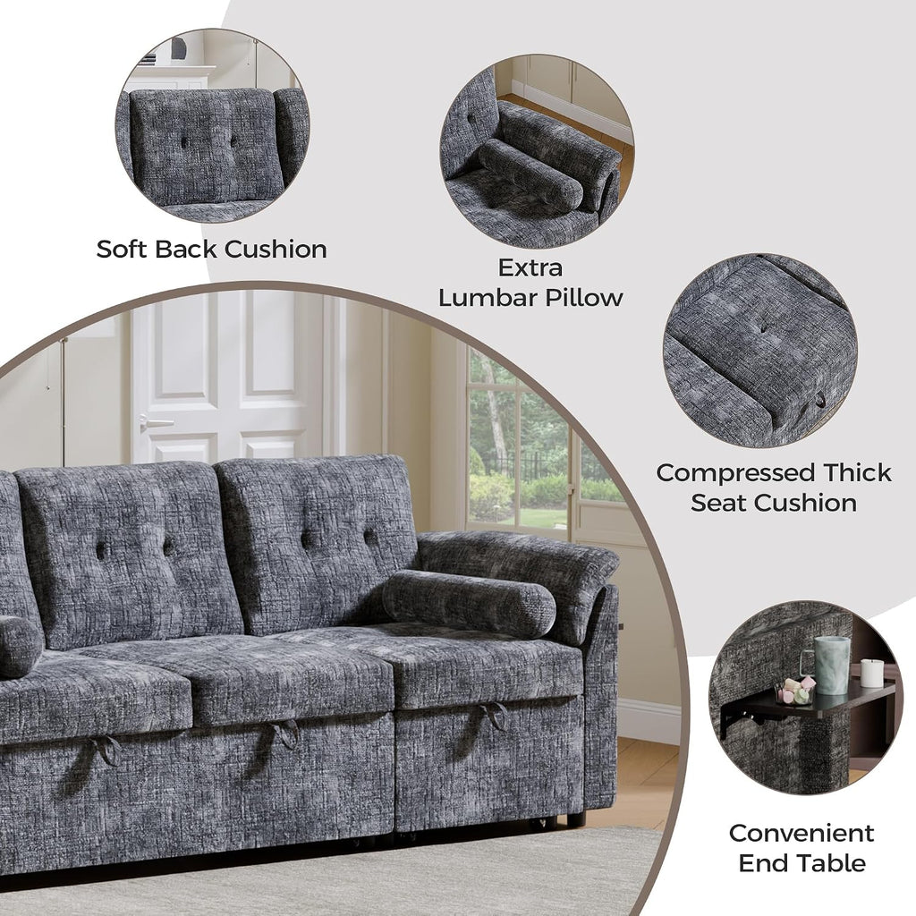 Convertible Sleeper Sofa Bed, 63 Inch Chenille Pull Out Couch with Side Table & Adjustable Backrest, Sectional Sleeper Sofa with Pull Out Bed for Living Room, Apartment, Gray