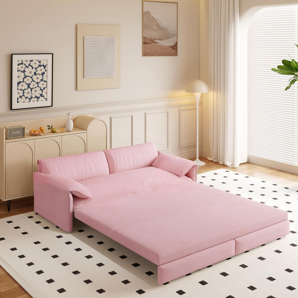 3 in 1 Convertible Queen Sleeper Sofa Bed Comfy Pull Out Futon Couch Bed 66' Modern Velvet Recliner Loveseat Sofa Multi-Functional Pink Cloud Couch for Living Room,Apartment,Office (Pink 66')