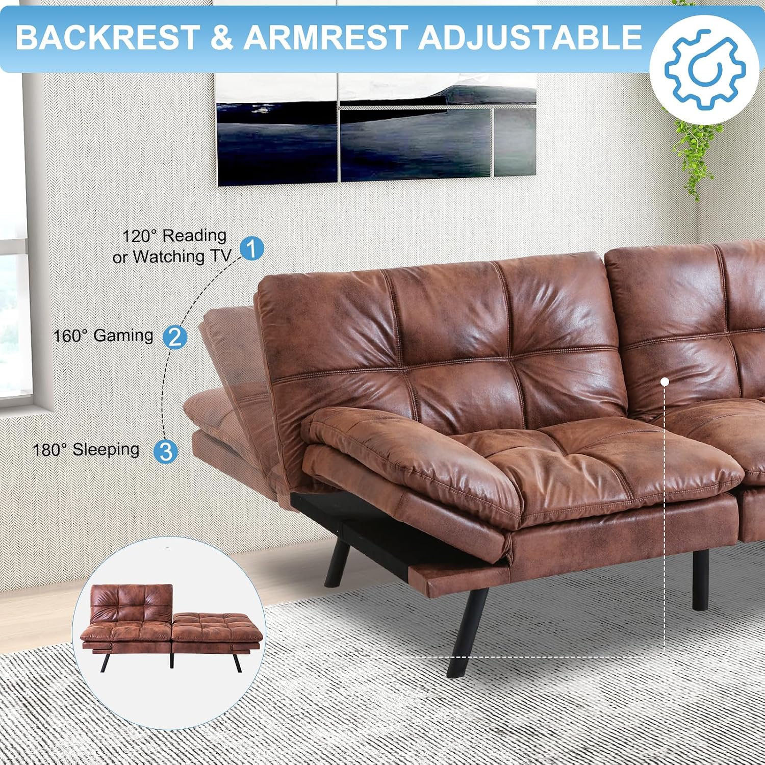 MUUEGM Futon Sofa Bed Couch Sofa, Memory Foam Futon Sleeper Sofa Loveseat Convertible Couch Bed for Small Compact Spaces, Apartment, Brown