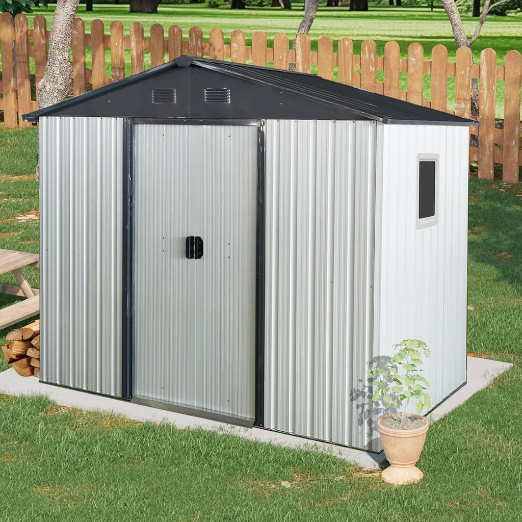 89in x 47in Heavy-Duty Outdoor Metal Storage Shed with Floor Foundation & Window - Galvanized Steel Tool Shed, Tiny Home Backyard Solution w/Lock, Shelves & Anchors,White+Black