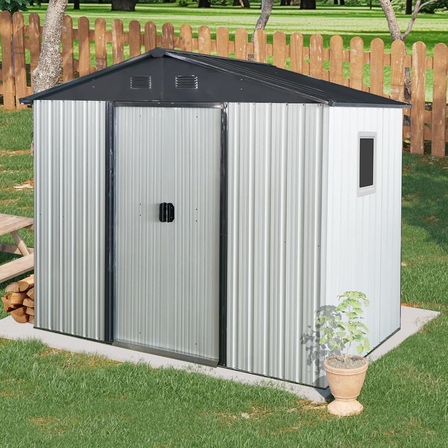 89in x 47in Heavy-Duty Outdoor Metal Storage Shed with Floor Foundation & Window - Galvanized Steel Tool Shed, Tiny Home Backyard Solution w/Lock, Shelves & Anchors,White+Black