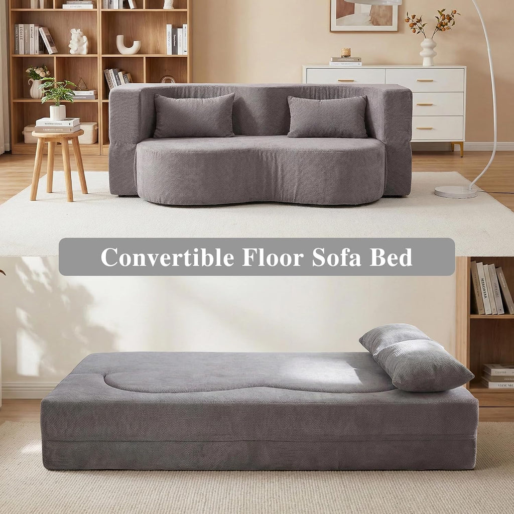 2-in-1 Convertible Sofa,78 Inch Pull Out Sofa Folding Sofa Bed with 2 Pilow Lazy Sofa, Corduroy Loveseat Sleeper Floor Sofa for Apartment Children's Room Bedroom Living Room, Grey | Pull Out Sofa Bed, Folding, 2 Pillows, Teddy Loveseat, Floor Sofa