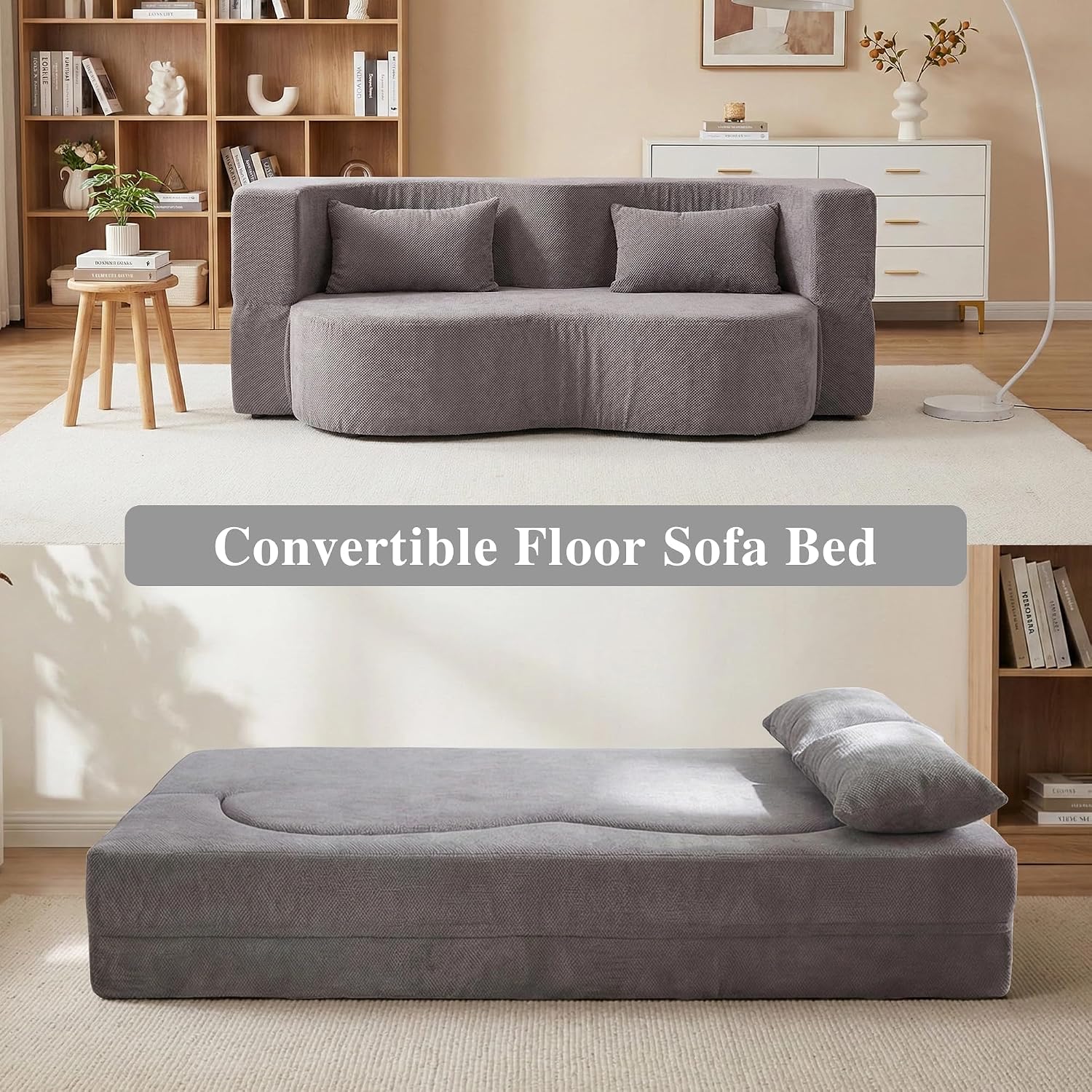 2-in-1 Convertible Sofa,78 Inch Pull Out Sofa Folding Sofa Bed with 2 Pilow Lazy Sofa, Corduroy Loveseat Sleeper Floor Sofa for Apartment Children's Room Bedroom Living Room, Grey | Pull Out Sofa Bed, Folding, 2 Pillows, Teddy Loveseat, Floor Sofa