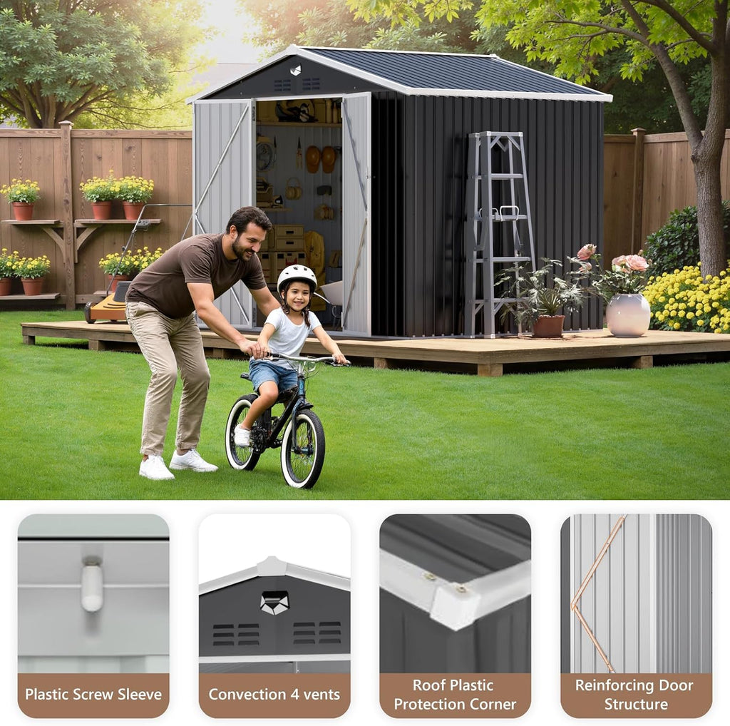 10x8 FT Outdoor Storage Shed, Metal Garden Shed, Storage Tool Sheds with Lockable Doors, Waterproof Outside Storage Building for Backyard, Patio (Black; Floor Not Included)