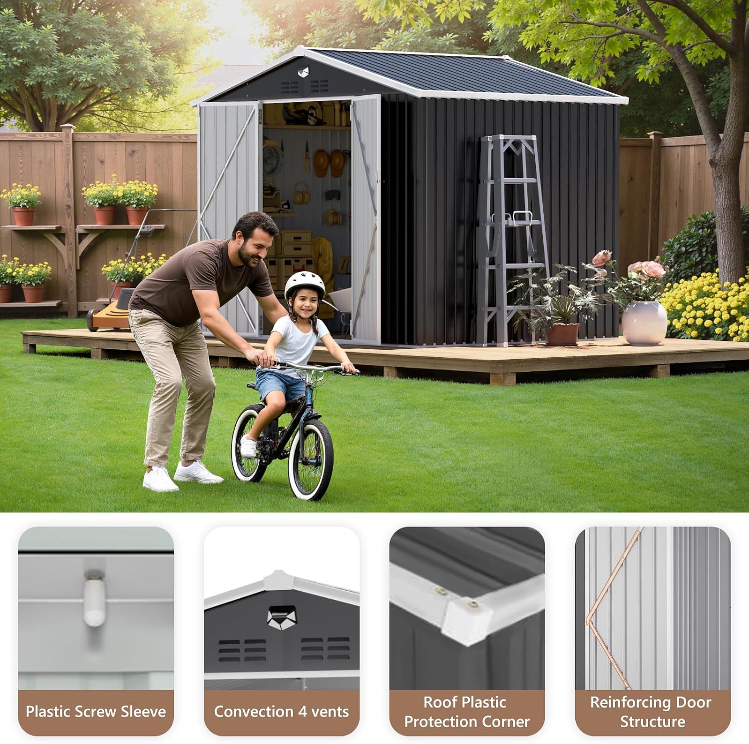 10x8 FT Outdoor Storage Shed, Metal Garden Shed, Storage Tool Sheds with Lockable Doors, Waterproof Outside Storage Building for Backyard, Patio (Black; Floor Not Included)
