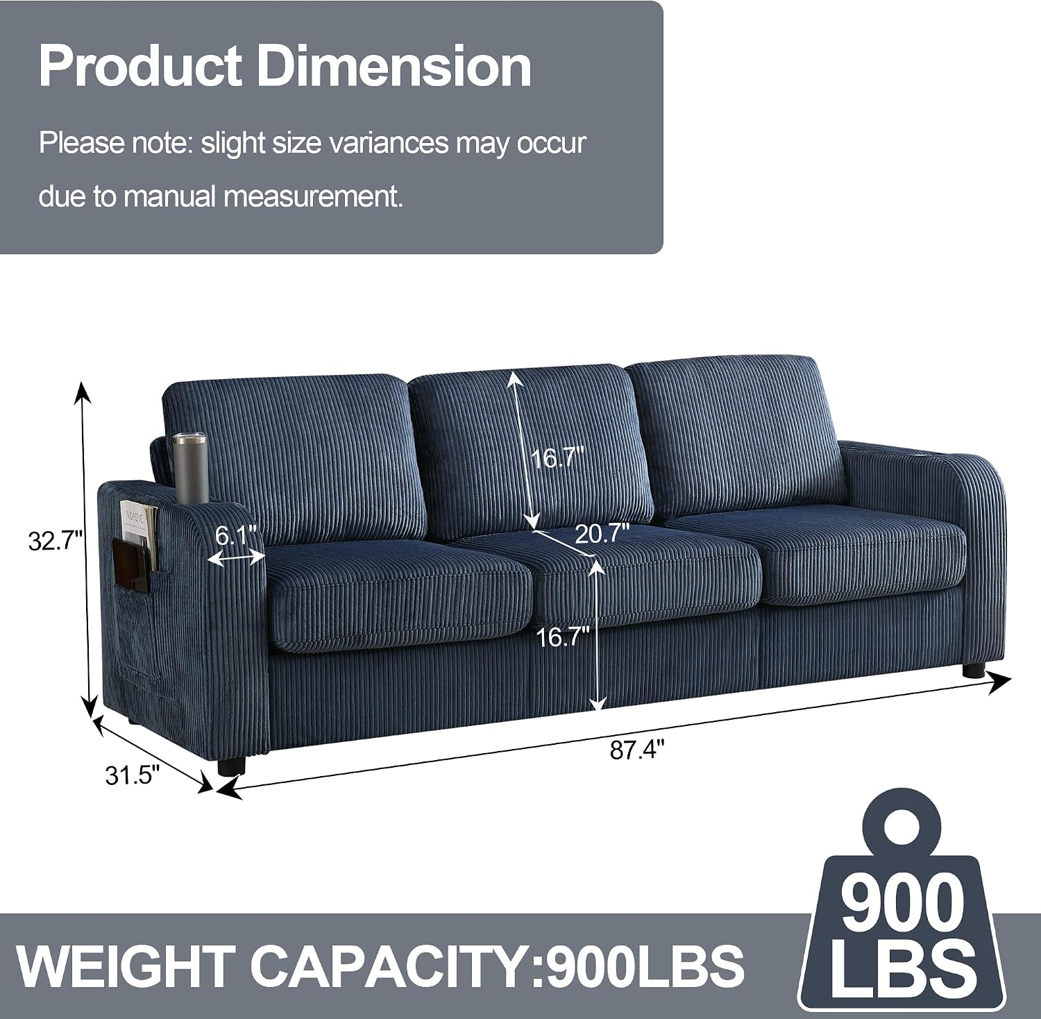 87.4' Oversize 3 Seater Couch, Upholstered Modern Sofa for Living Room, Comfy Deep Seat Loveseat Couch with Cup Holders,Corduroy Love Seat Sofa (Blue)