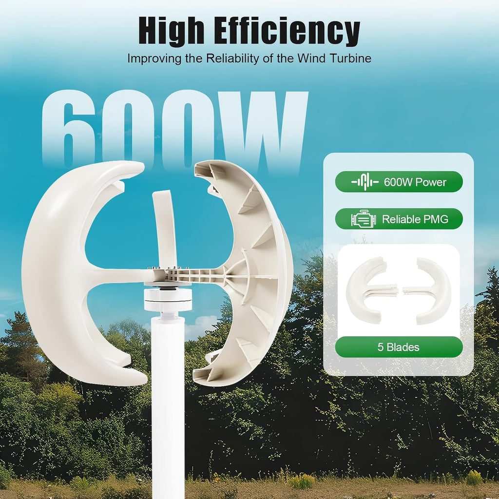Wind Turbine Generator, 600W 12V 5-Blade Wind Power Generator with Controller, for Boats Farm Home Hybrids Streetlight Use, White