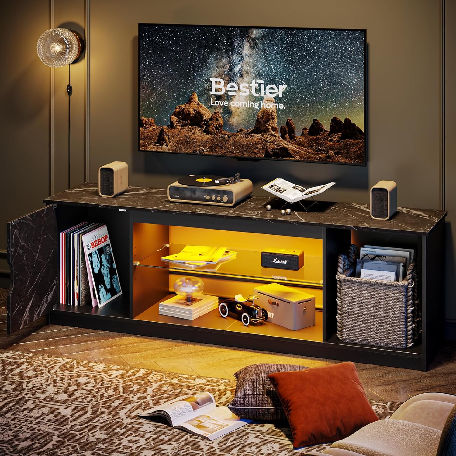 Bestier LED TV Stand for 55/60/65 Inch TV, Gaming Entertainment Center with Cabinet for PS5, Xbox,Modern TV Cabinet with Adjustable Glass Shelves for Living Room, Bedroom 57 Inch,Black Marble