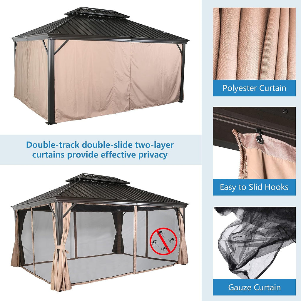 PATIO TREE 10' x 12' Aluminum Frame Outdoor Gazebo Tent with Mosquito Net and Polyester Curtain