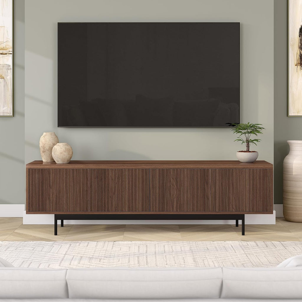 Henn&Hart Fluted TV Stand for TVs up to 75' with 2 Open-Concept Ribbed Storage Cabinets for Living Room, Family Room, or Office, Medium Walnut