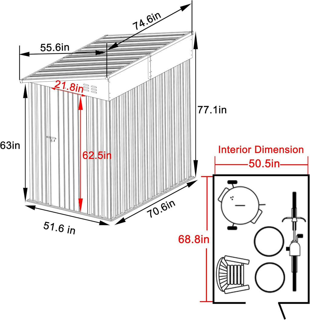 Yardenaler 4x6 FT Metal Outdoor Lean to Storage Shed, Garden Tool Shed Kit with Door & Lock, Waterproof Patio Utility Tool Shed for Backyard and Garden, Gray