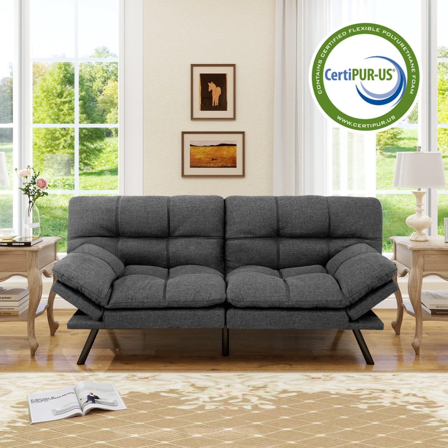 MUUEGM 71' Convertible Futon Sofa Bed, Upholstered Small Futon Couches with Adjustable Backrest, Loveseat Sleeper Bed for Compact Living Room Studio Office (Pure Grey)