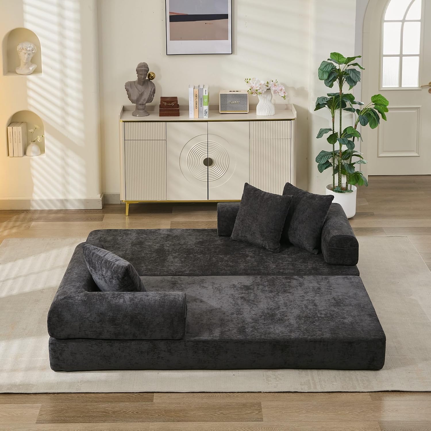 Deolme 3 in 1 Convertible Futon Sofa Bed, Modern King Size Chenille Loveseat Sleeper Sofa Folding, 3-Seater Foldable Lounger Couch Bed for Living Room, Bedroom Guest Room (Black, 3 Throw Pillows)
