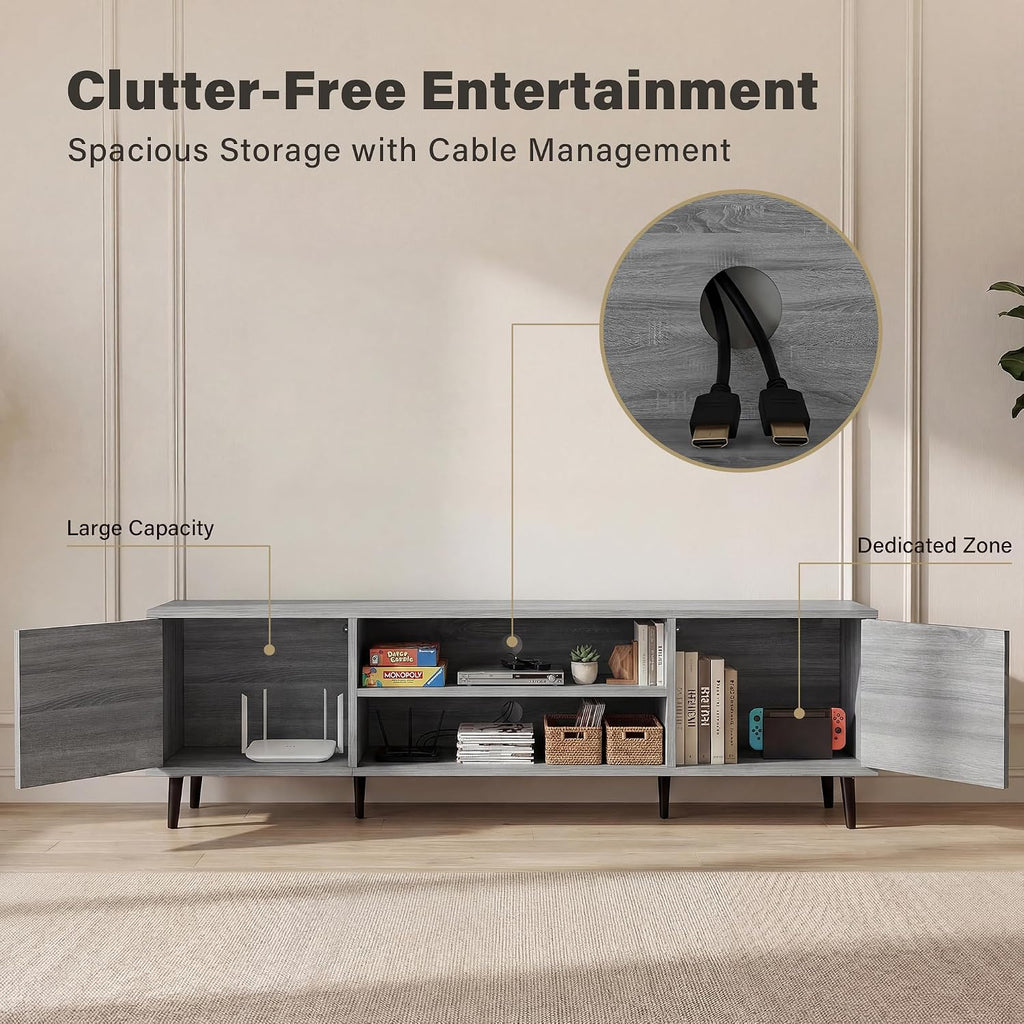 YESHOMY Mid-Century Modern TV Stand for 65-70 Inch TVs, 63 Inch Entertainment Center with Storage, Media Console with Push-to-Open Doors and Cable Management for Living Room, Bedroom(Light Gray)