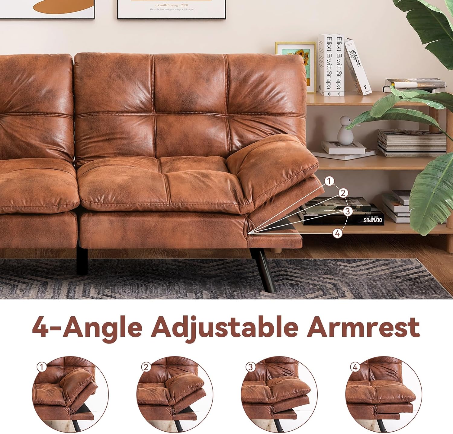 Convertible Futon Sofa Bed,Faux Leather Futon Couch,Memory Foam Futons Bed,Small Splitback Modern Loveseat Sleeper Sofa for Living Room,Office,Apartment,Brown