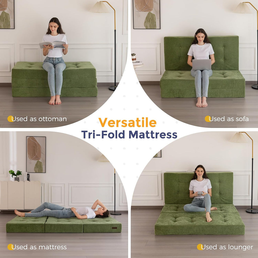 MAXYOYO 6' Folding Sofa Bed for Floor, Tufted Tri-Fold Floor Mattress with Chenille Fabric, Twin Size Portable Sofa Couch Guest Mat for Adults, Foldable Topper for Camping, Green, 35.4'x75'