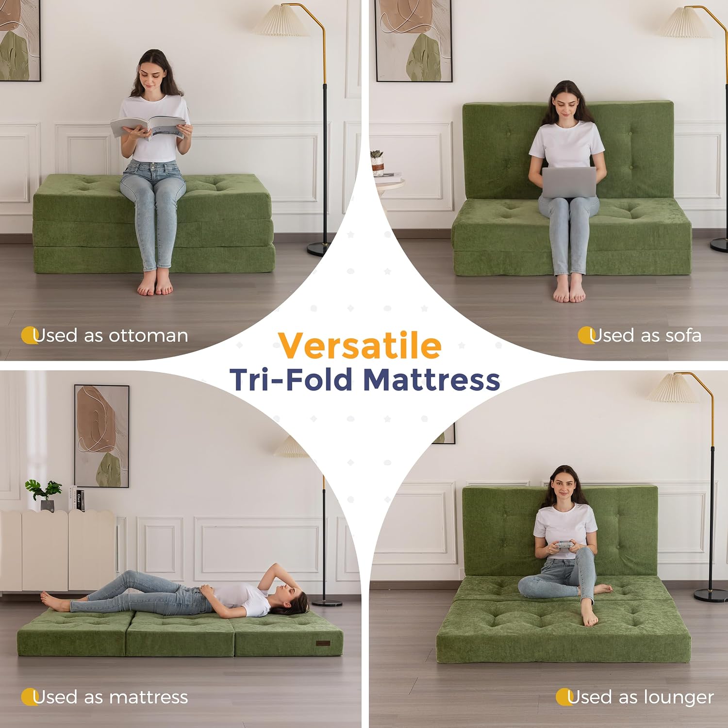 MAXYOYO 6' Folding Sofa Bed for Floor, Tufted Tri-Fold Floor Mattress with Chenille Fabric, Twin Size Portable Sofa Couch Guest Mat for Adults, Foldable Topper for Camping, Green, 35.4'x75'