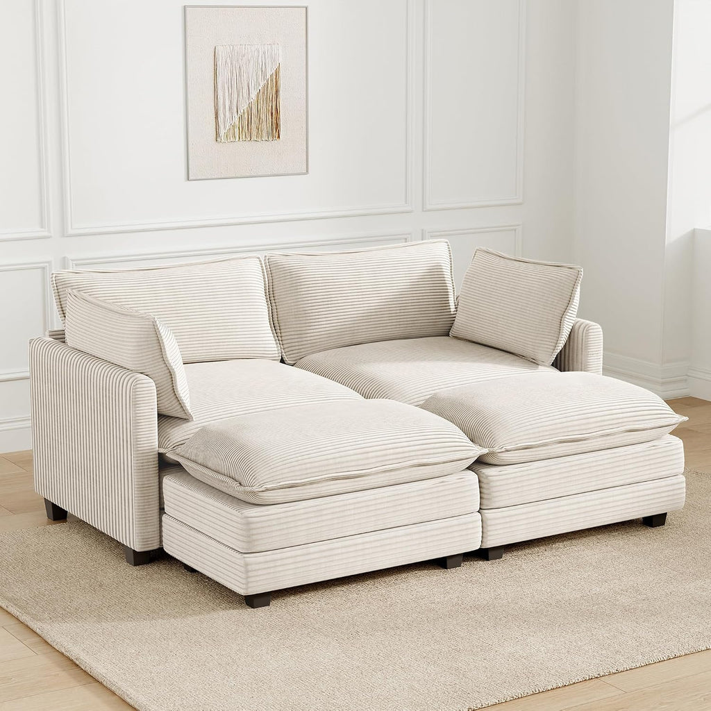 78'' Modular Sectional Cloud Couch with 2 Movable Ottoman, 4 Seat Comfy Modern Corduroy Sofa with 2 Throw Pillows, Deep Seat Sleeper Couch for Living Room Bedroom Apartment, Beige