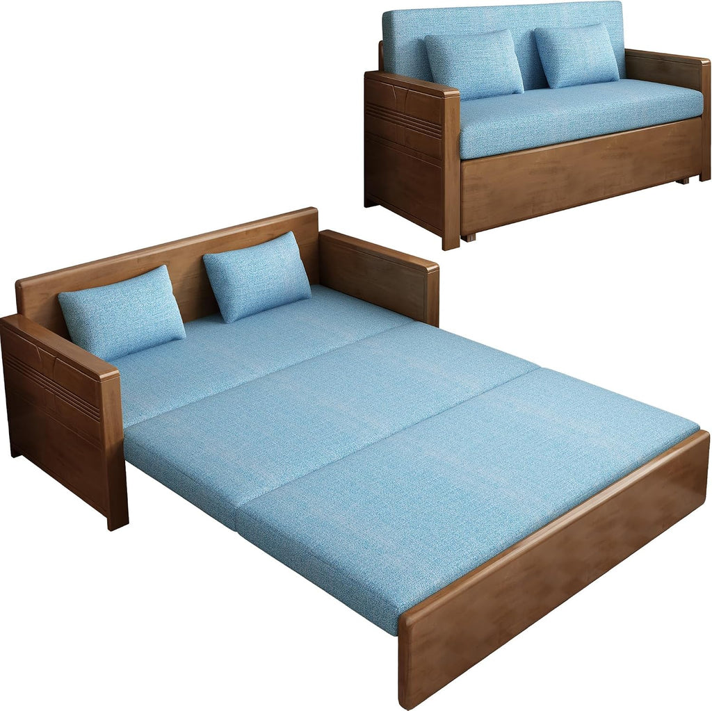59' Convertible Sofa Sleeper,Blue Soft Cushion sectional Sleeper Couch with Reversible Chaise,solidwood Bed 3 in 1 Pull Out Couch,Walnut Color Sofa for livingroom,Apartment,Bedroom,Office