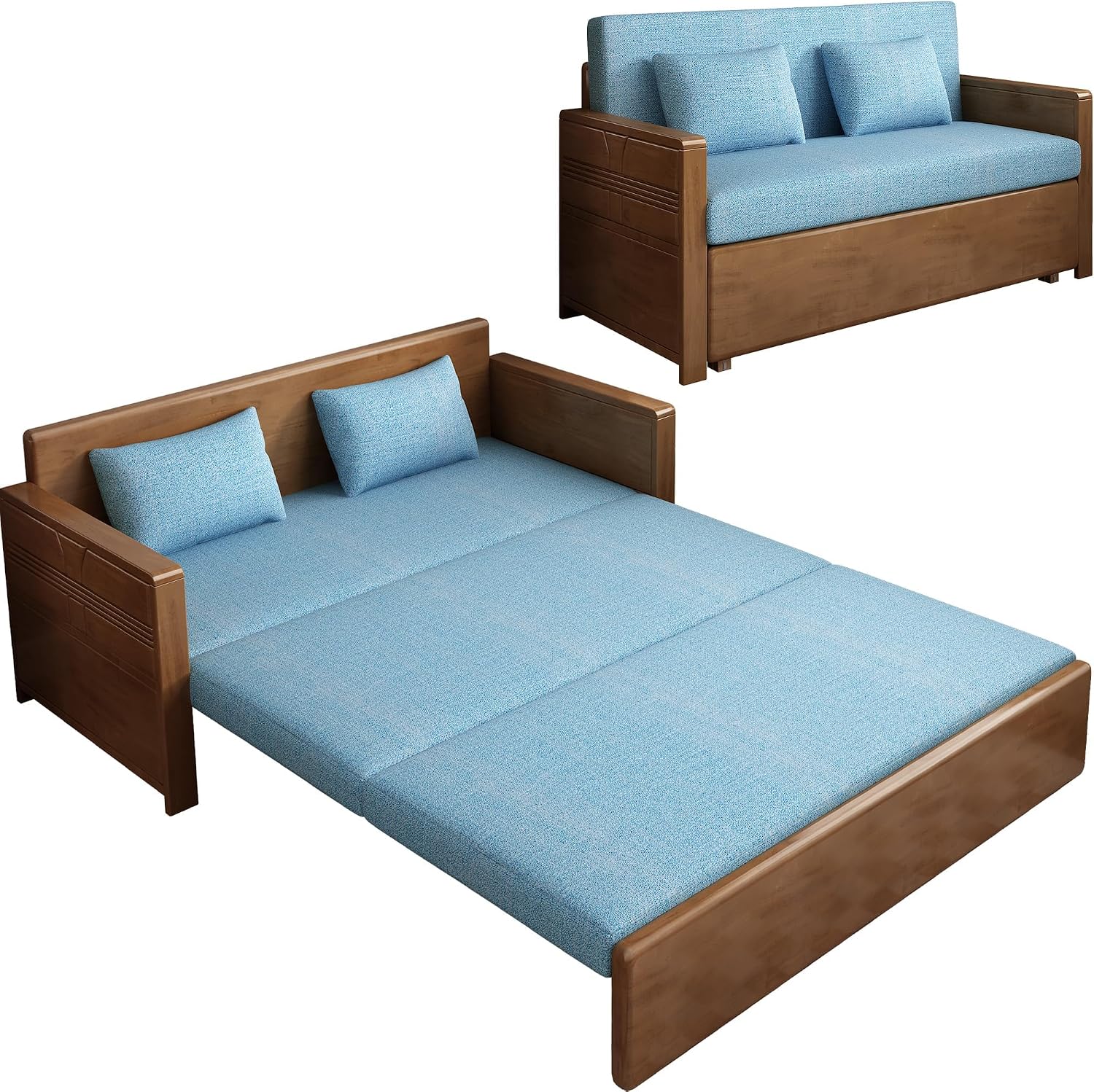 59' Convertible Sofa Sleeper,Blue Soft Cushion sectional Sleeper Couch with Reversible Chaise,solidwood Bed 3 in 1 Pull Out Couch,Walnut Color Sofa for livingroom,Apartment,Bedroom,Office