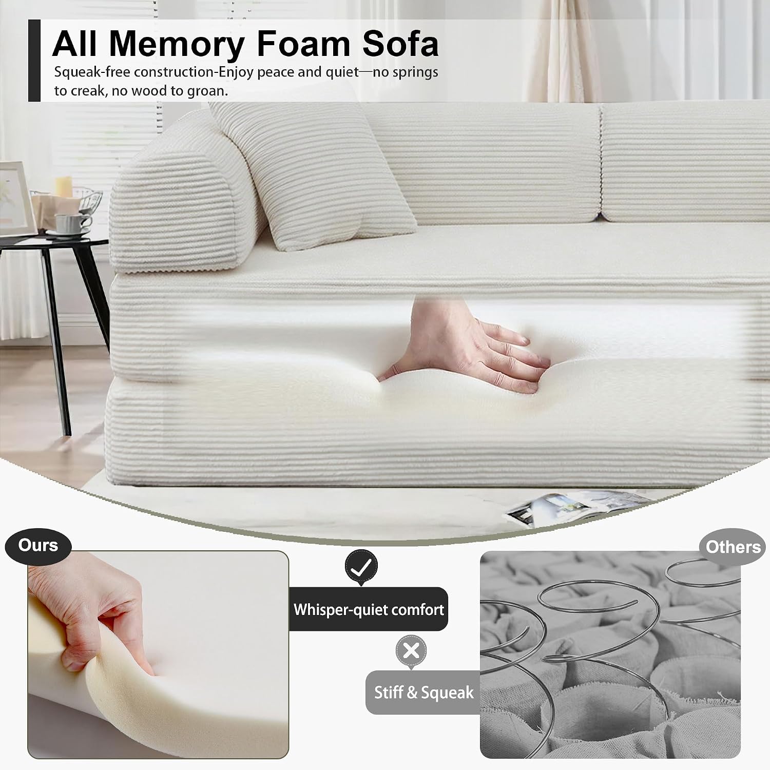 JJJ 78 inch Sofa Bed 4-in-1 Boneless Convertible Corduroy Sleeper Folding Couch with Fixed-Shape Frame and 2 Pillows Futons No-Assembly 3 Seater Upholstered for Living Room (Beige, 78 inch)