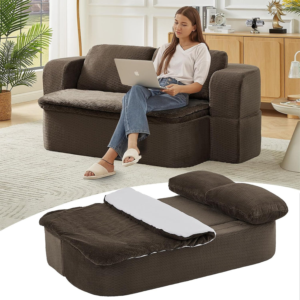 Futon Sofa Bed with Blanket, Convertible Folding Boneless Compressed Faux Fur Memory Foam Floor Loveseat Sleeper Sofa Couch Full Size Bed with Pillows for Guest Room Living Room Small Space, Brown