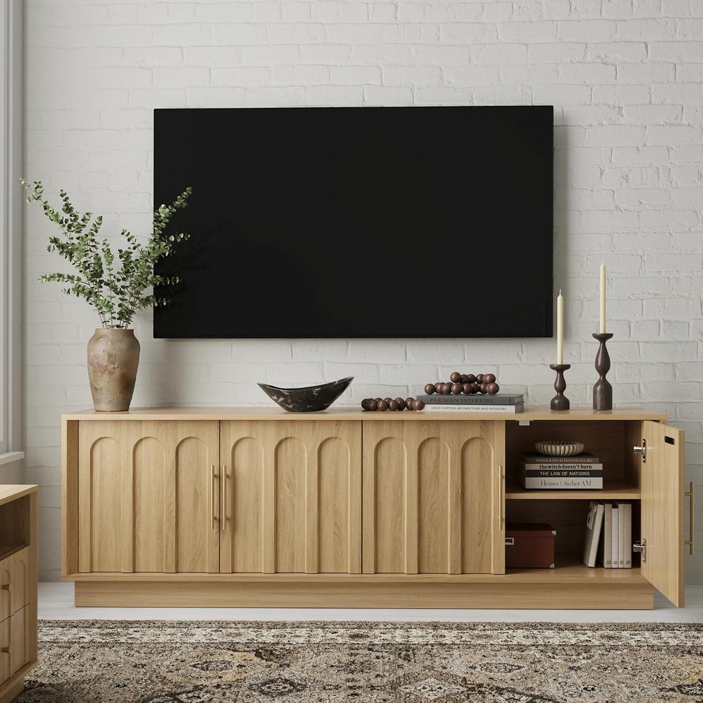 FORTUNETEC TV Stand for 75 Inch TV, Mid Century Modern TV Stand with Arched Design, Wood Grain Finish, Boho Media Console with Adjustable Shelves, 67' Entertainment Center for Living Room Bedroom, Oak