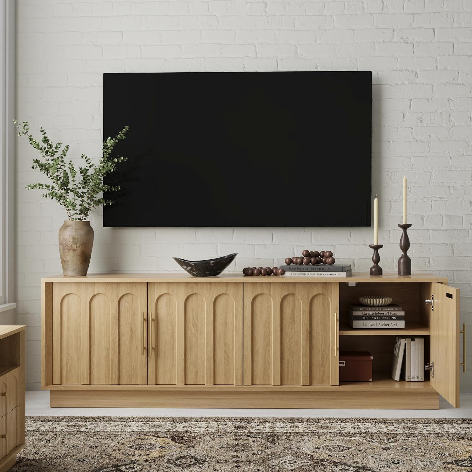 FORTUNETEC TV Stand for 75 Inch TV, Mid Century Modern TV Stand with Arched Design, Wood Grain Finish, Boho Media Console with Adjustable Shelves, 67' Entertainment Center for Living Room Bedroom, Oak