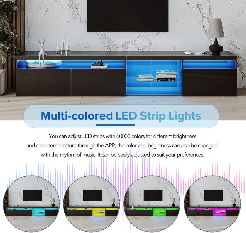 Bellemave LED TV Stand for TVs Up to 105',Ample Storage Space Media Console with 2 Glass Shelves,Versatile TV Cabinet with LED Color Changing Lights for Living Room (Black)