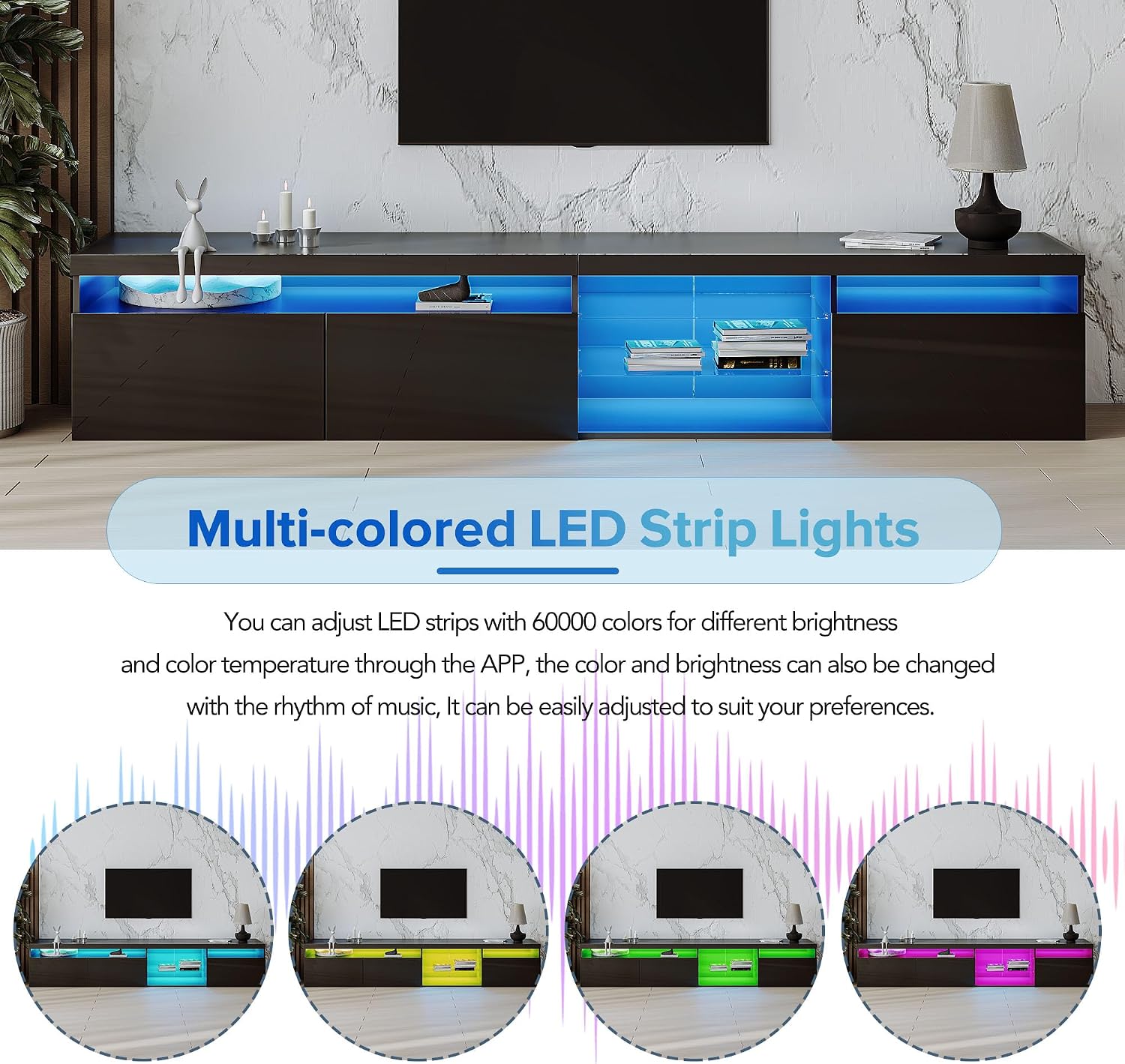 Bellemave LED TV Stand for TVs Up to 105',Ample Storage Space Media Console with 2 Glass Shelves,Versatile TV Cabinet with LED Color Changing Lights for Living Room (Black)