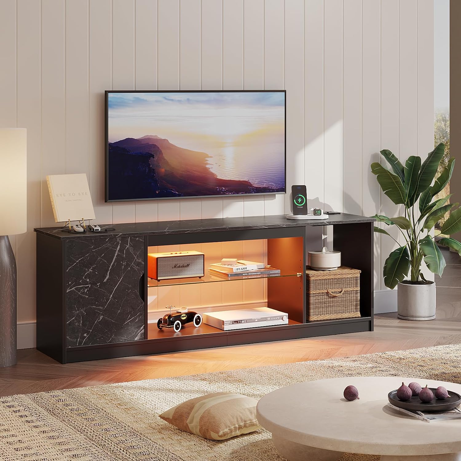 Bestier TV Stand with Power Outlets for Bedroom, Gaming TV Stand for 65inch TV, Black Entertainment Center for PS5, TV Console with Adjustable Glass Shelves for Living Room, Black Marble