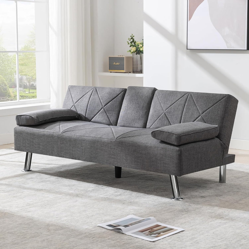 VECELO Modern Convertible Folding Futon Sofa Bed with Removable Armrests Breathable Linen Recliner Couch for Living Room/Apartment Lounge, 2 Cup Holders