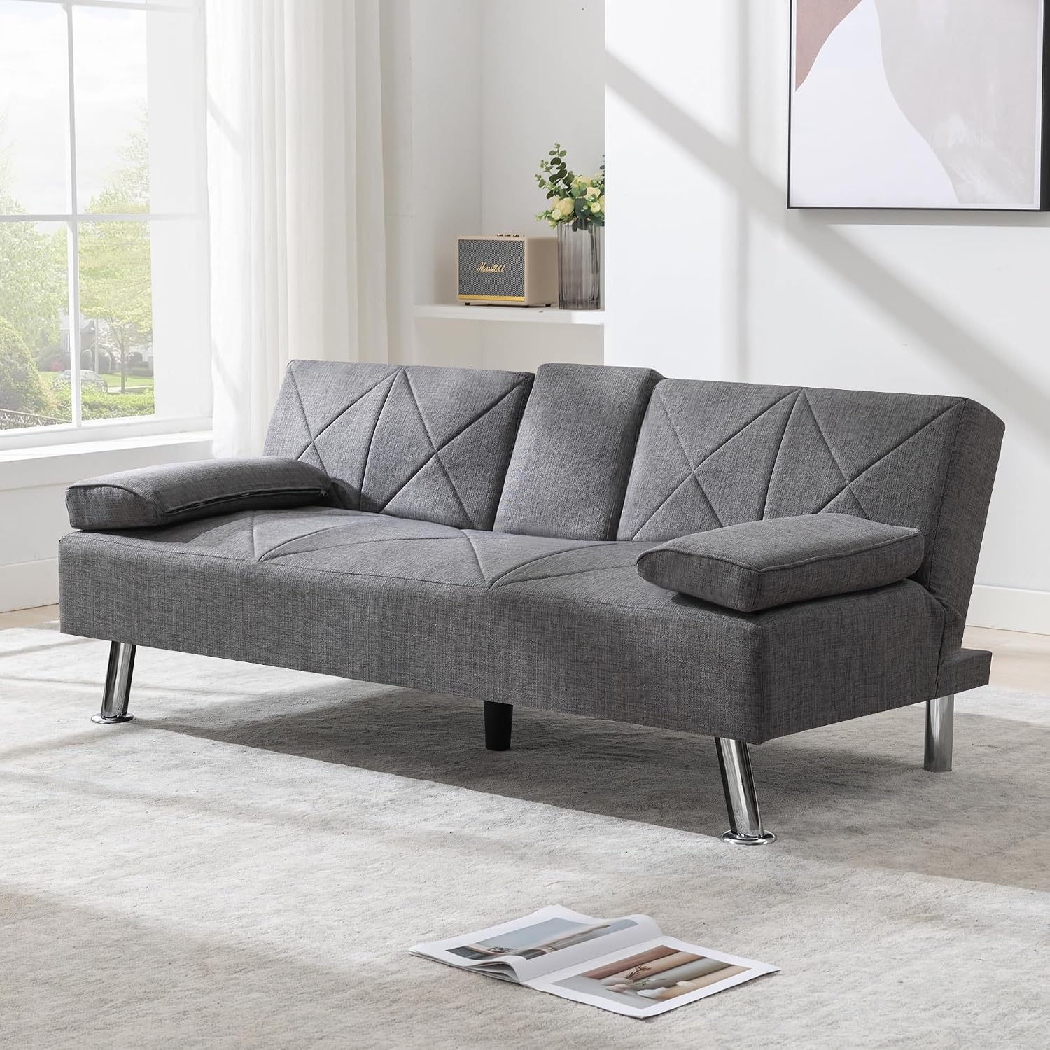 VECELO Modern Convertible Folding Futon Sofa Bed with Removable Armrests Breathable Linen Recliner Couch for Living Room/Apartment Lounge, 2 Cup Holders