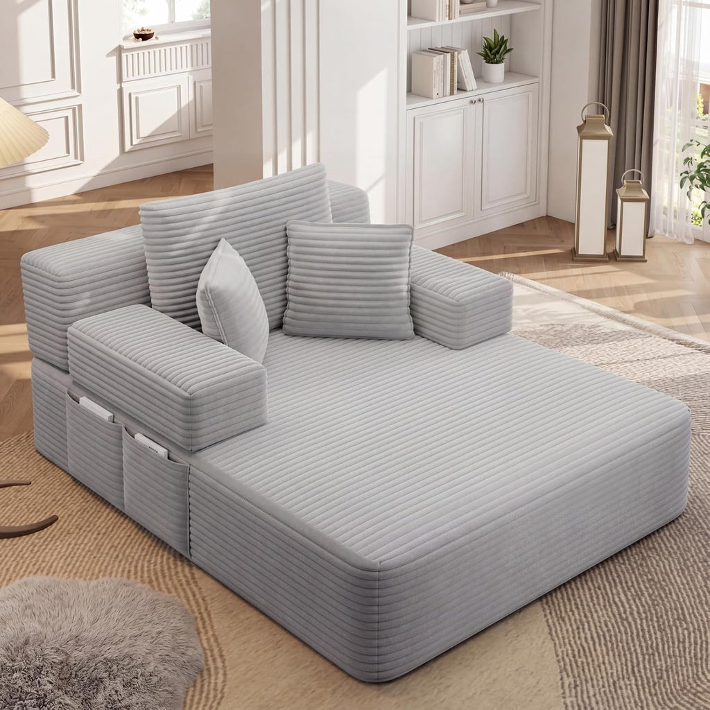 Oversized Boneless Chaise Sofa Bed, Corduroy Chaise Lounge Chair Indoor with Storage Pockets, Upholstered Cloud Sleeper Chair Bed for Small Space, Living Room, Bedroom, Apartment, Light Grey