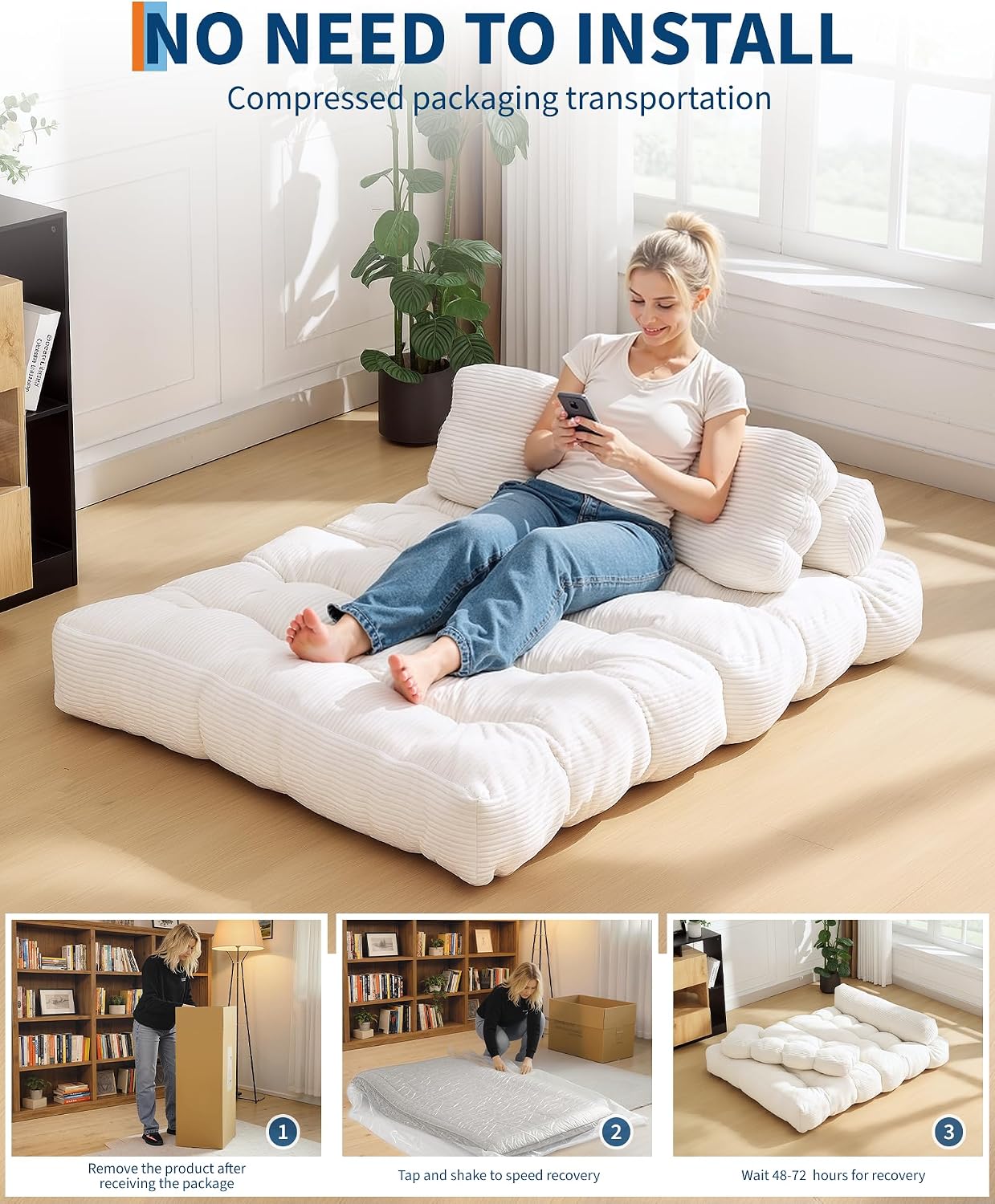 Folding Sofa Bed, 3-in-1 Convertible Sleeper Chair with Pillow, Double Futon Couch Bed with Back Support, Portable Fold Out Chair Bed Comfy Floor Sofa Lounge for Living Room Bedroom, Beige