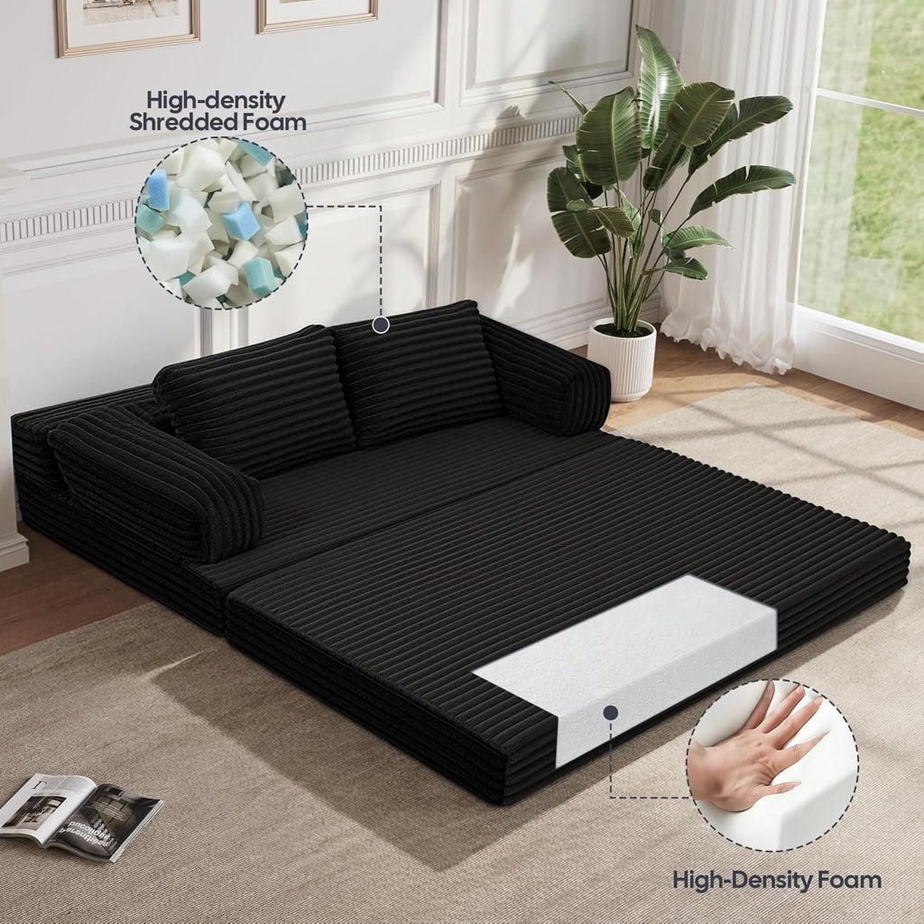 MeMoreCool Convertible Sofa Bed Black, Folding Floor Couch Bed Queen, Pull Out Sleeper Couch with Pillows, Corduroy Fold Out Futon Sofa for Bedroom Living Room Small Space