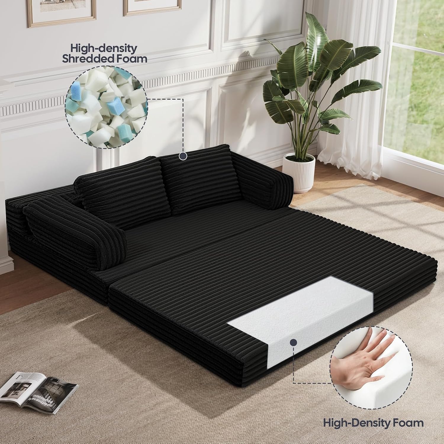 MeMoreCool Convertible Sofa Bed Black, Folding Floor Couch Bed Queen, Pull Out Sleeper Couch with Pillows, Corduroy Fold Out Futon Sofa for Bedroom Living Room Small Space