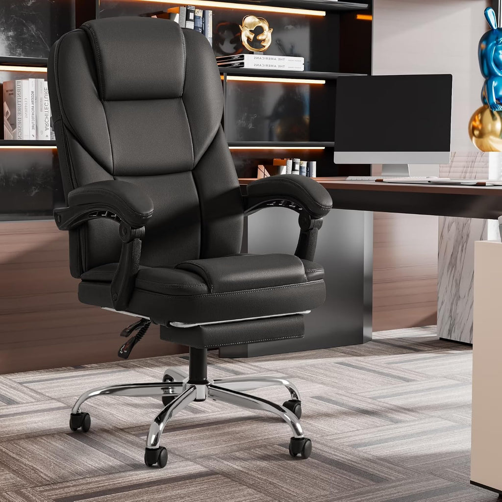 Shahoo Executive Office Chair with Massage, Ergonomic Reclining High Back Leather Seats with Footrest and Lumbar Support, Big and Tall, 400Lbs Heavy Duty, Dark Black