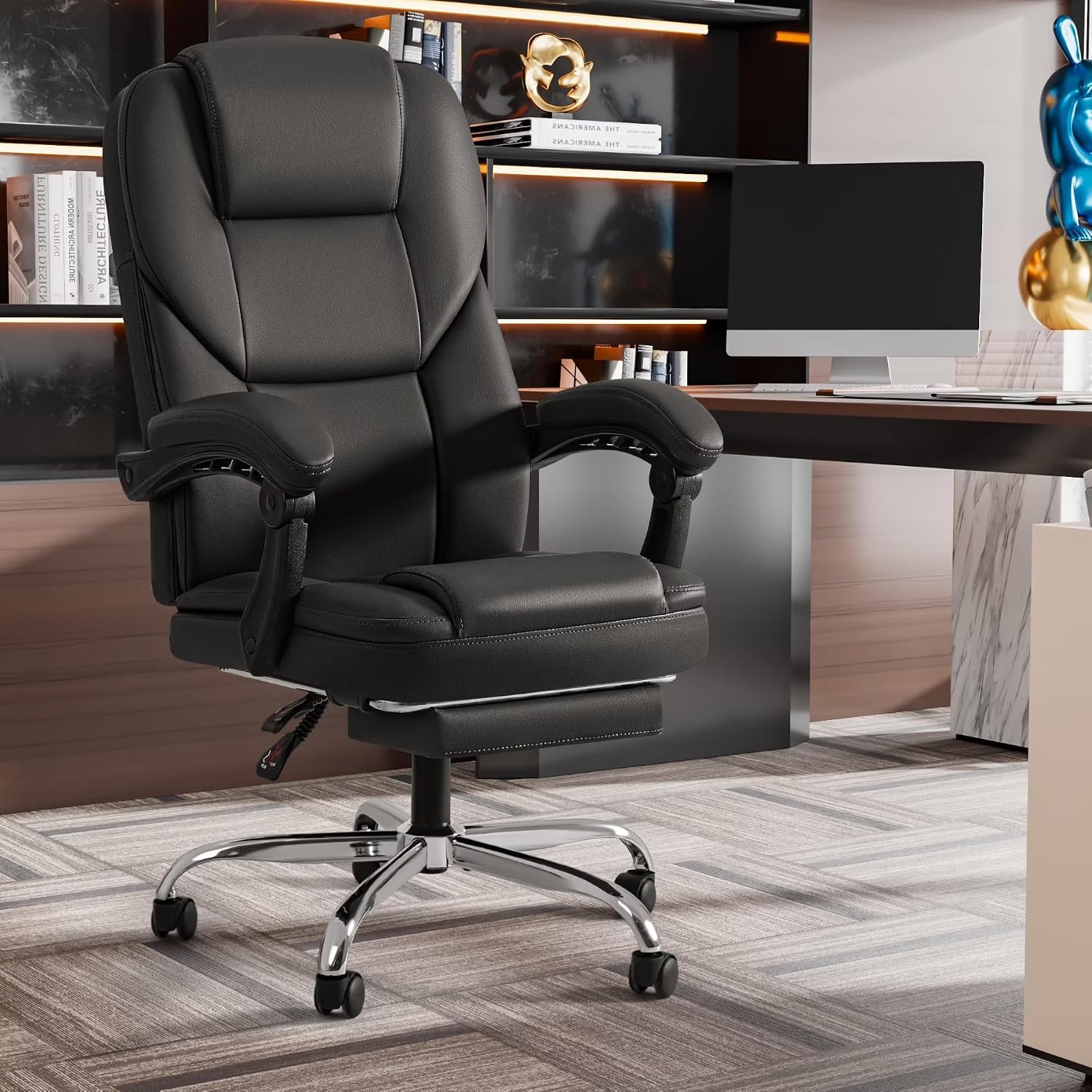 Shahoo Executive Office Chair with Massage, Ergonomic Reclining High Back Leather Seats with Footrest and Lumbar Support, Big and Tall, 400Lbs Heavy Duty, Dark Black
