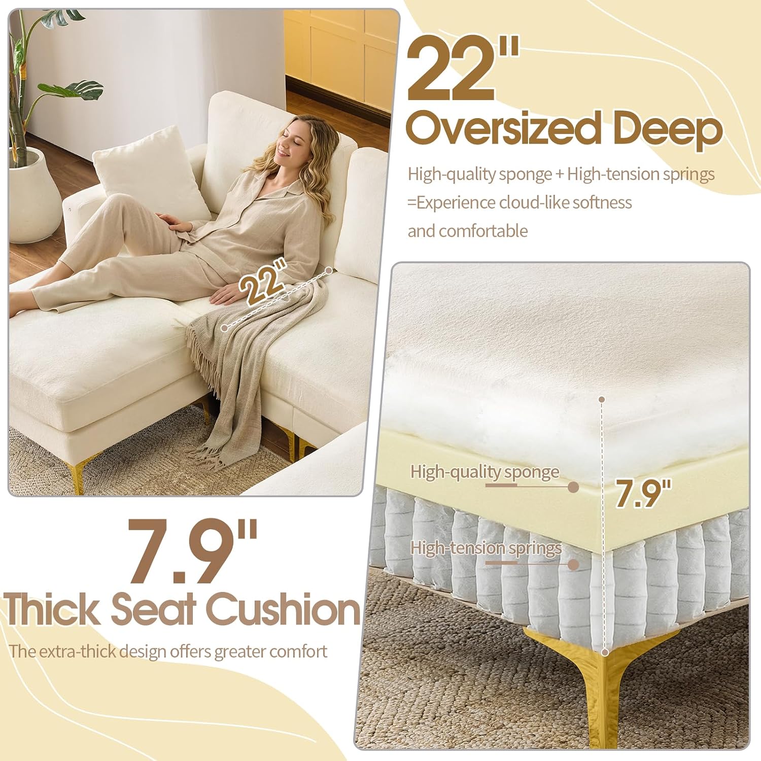VINGLI 100' W U Shaped Couch with Ottoman, 22' Deep Seat Comfortable Sectional Couches for Living Room, 3 Seater Chenille Fabric Cloud Sofa for Apartment, Small Spaces, Bedroom, Beige