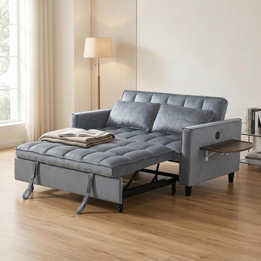 4 in 1 Convertible Sofa Bed, Pull Out Couch with Adjustable Backrest, Loveseat Sleeper Sofa Bed with USB Ports and Side Table, Couch Beds for Living Room, Bedroom, Apartment, Gray