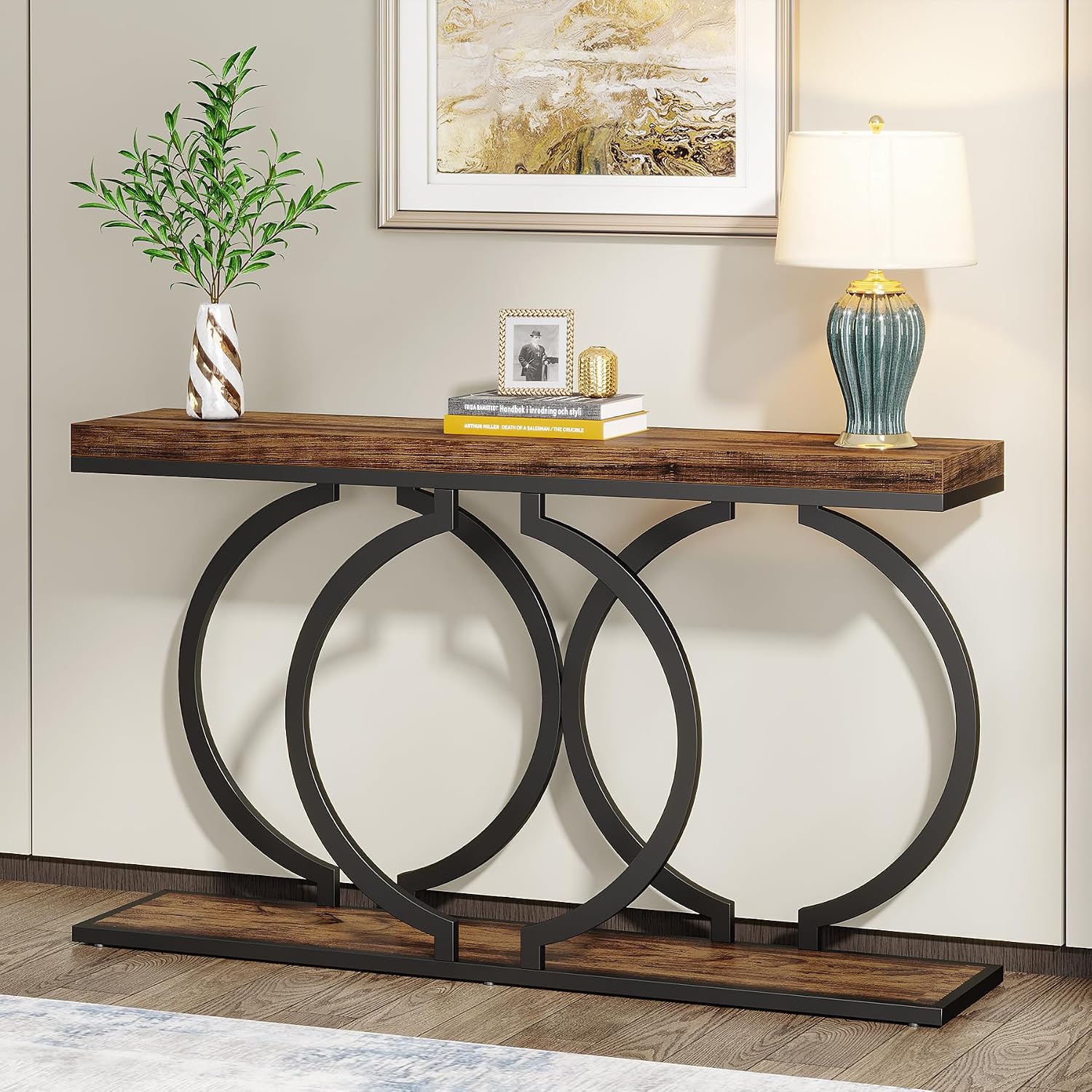 Tribesigns Industrial Console Table, 55 inch Rustic Entryway Table with Geometric Metal Frame, Narrow Wood Accent Sofa Table for Living Room, Entrance, Hallway, Rustic Brown