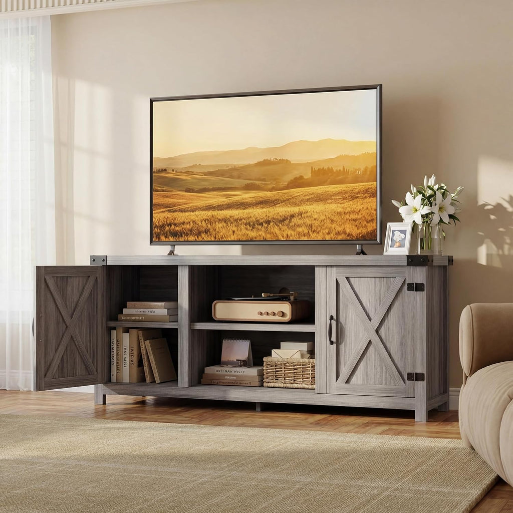 YESHOMY Modern Farmhouse TV Stand with Two Barn Doors and Storage Cabinets for Televisions up to 65+ Inch,Entertainment Center Console Table,Media Furniture for Living Room,Gray & Rustic