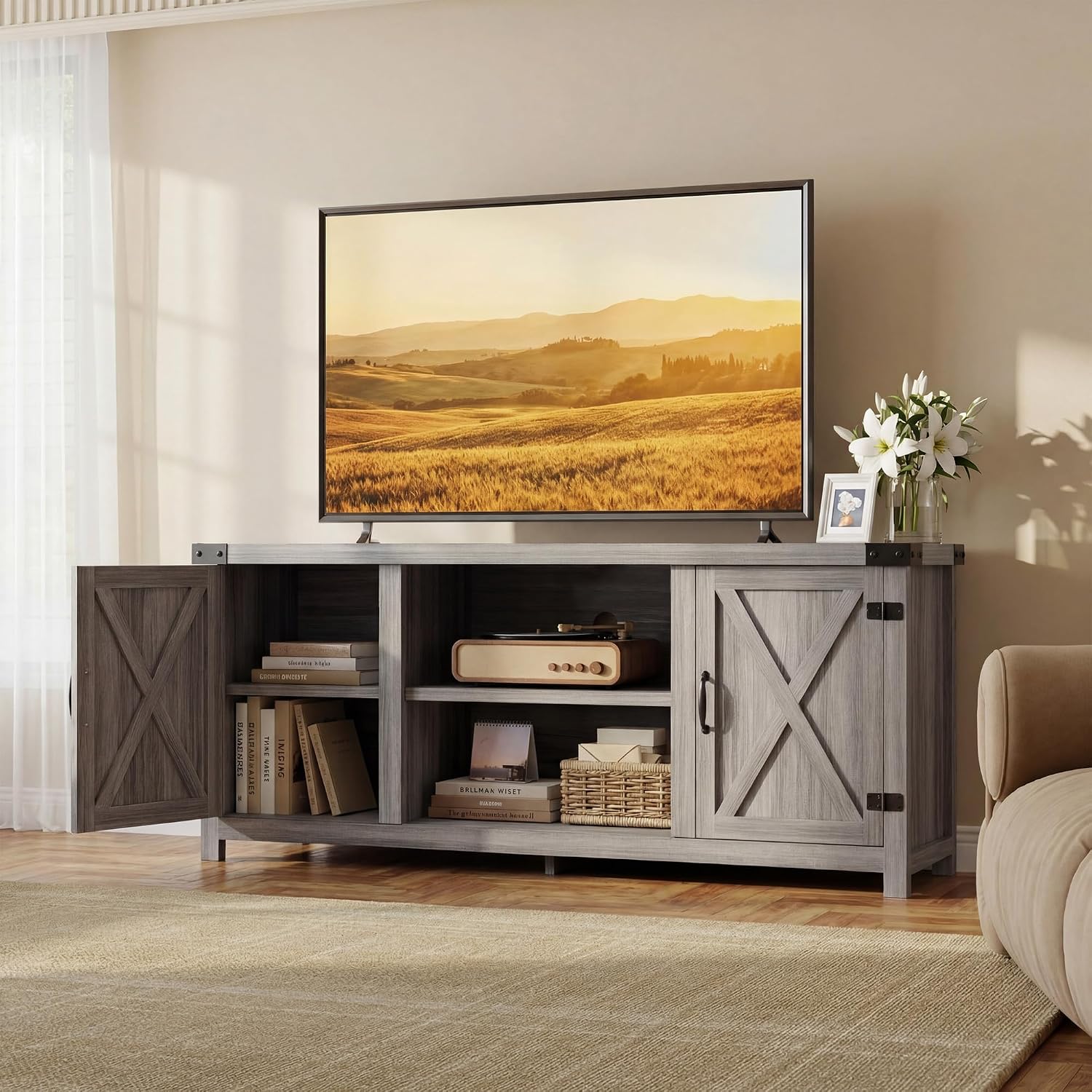 YESHOMY Modern Farmhouse TV Stand with Two Barn Doors and Storage Cabinets for Televisions up to 65+ Inch,Entertainment Center Console Table,Media Furniture for Living Room,Gray & Rustic