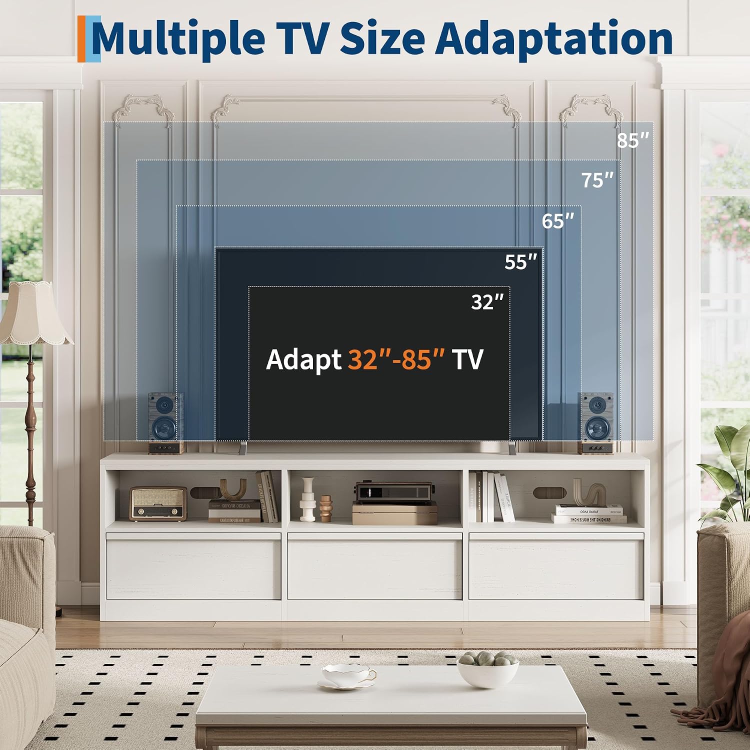 IDEALHOUSE 70 inch TV Stand for 80' TVs, Mid Century Modern Entertainment Center with Storage Drawer & Open Shelves, Wood Media Console Cabinet for Living Room/Bedroom, White