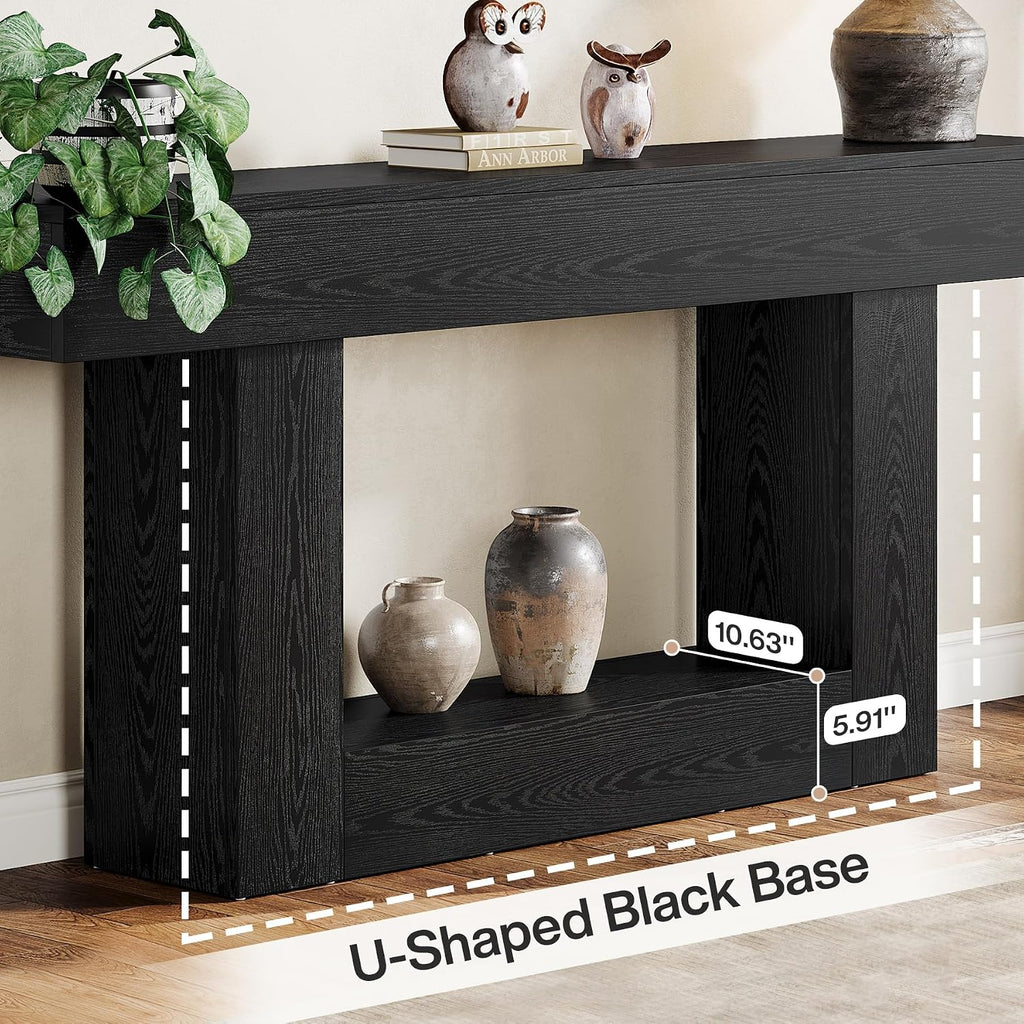 Tribesigns 63' Console Table, Farmhouse 2-Tier Entryway Table with U-Shaped Base, Narrow Long Wood Sofa Table Behind Couch Table for Living Room, Hallway, Foyer, Black