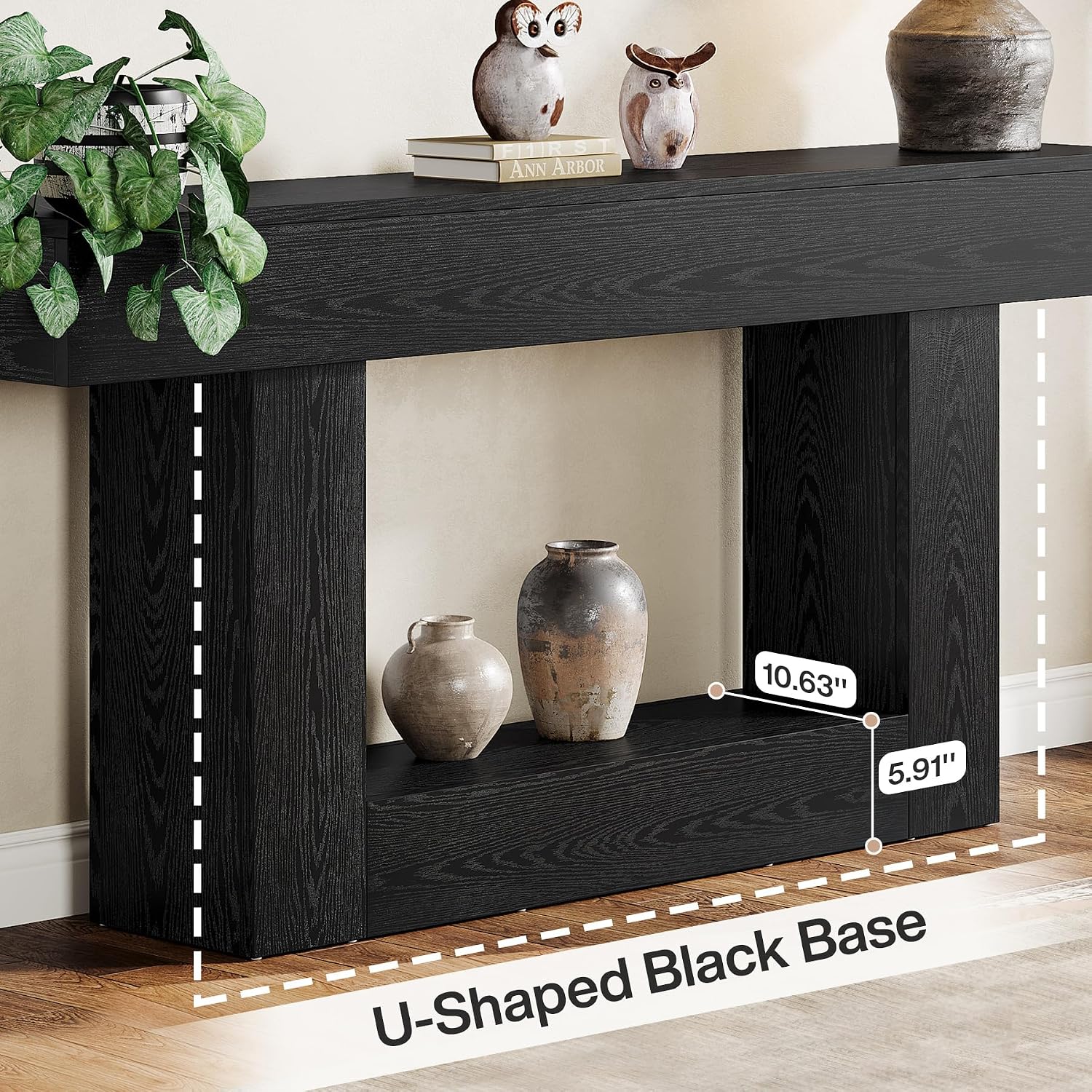 Tribesigns 63' Console Table, Farmhouse 2-Tier Entryway Table with U-Shaped Base, Narrow Long Wood Sofa Table Behind Couch Table for Living Room, Hallway, Foyer, Black