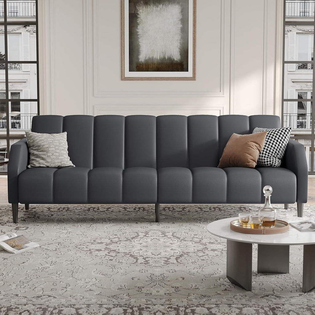 Fadware Faux Leather Couch, Convertible Futon Sofa Bed with Adjustable Backrest, Mid Century Leather Sofa Loveseat with Side Pockets& Metal Leg, Modern Leather Sleeper Sofa for Living Room Bedroom