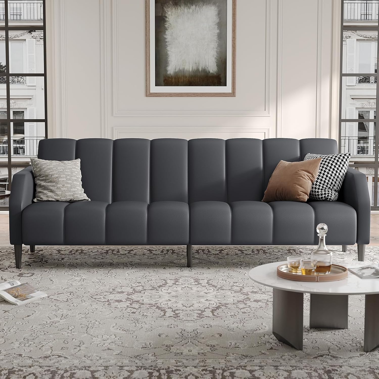 Fadware Faux Leather Couch, Convertible Futon Sofa Bed with Adjustable Backrest, Mid Century Leather Sofa Loveseat with Side Pockets& Metal Leg, Modern Leather Sleeper Sofa for Living Room Bedroom