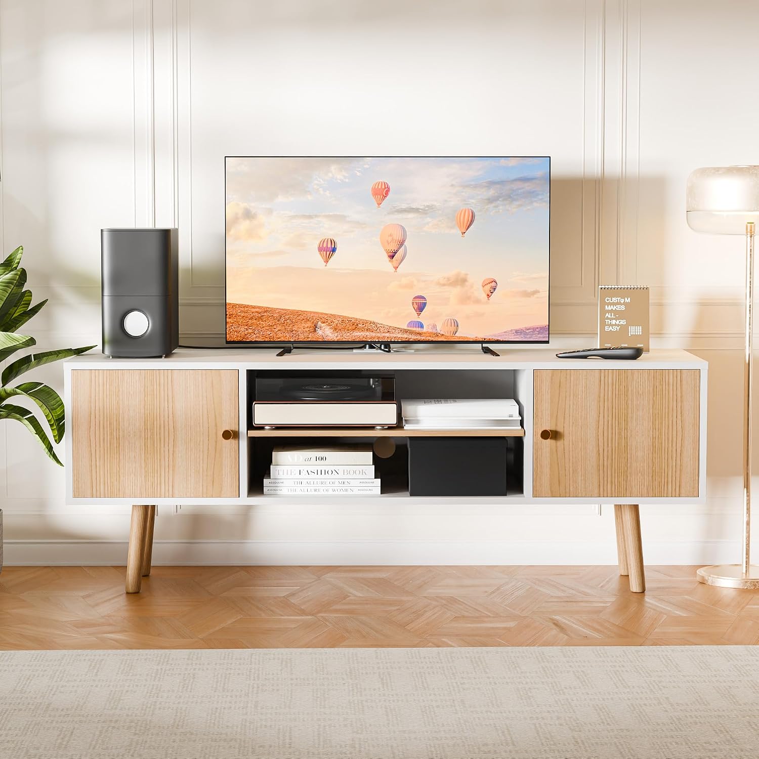 Cozy Castle TV Stand for 48-55 Inch TV, Mid Century Modern Entertainment Center with Storage Cabinet, TV Media Console with Charging Station for Living Room (Oak, 53.1' W x 15.7' D x 19.7' H)